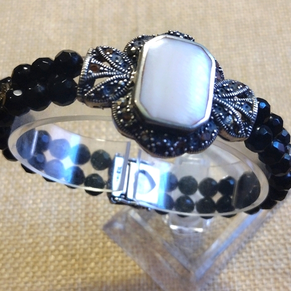 MARCHASITE  MOTHER OF PEARL OBSIDIAN DOUBLE BEADED BLACK BRACELET - Picture 5 of 9